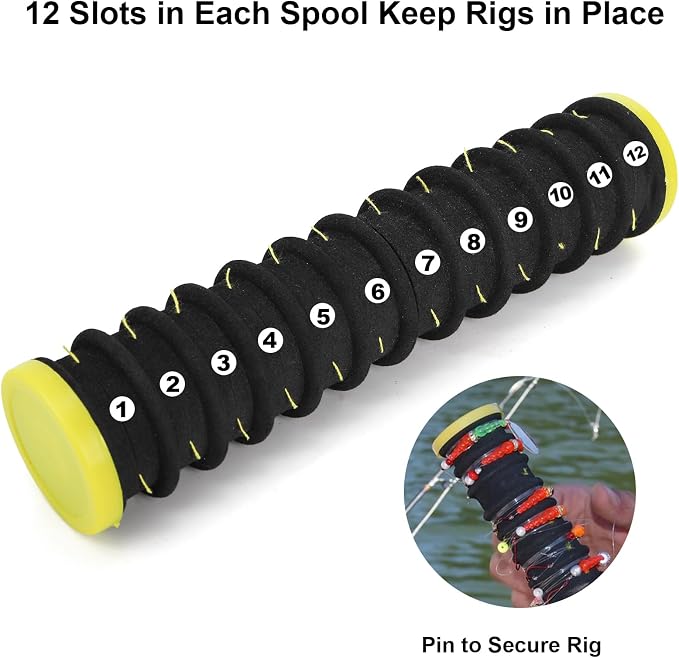 ZENFUN 4 Pc Fishing Line Storage Organizer, Fish Leader Holder with 12 Slots to Keep Your Lines Tangle Free, Spooler Winder, and Hook Keeper with Rigging Spools