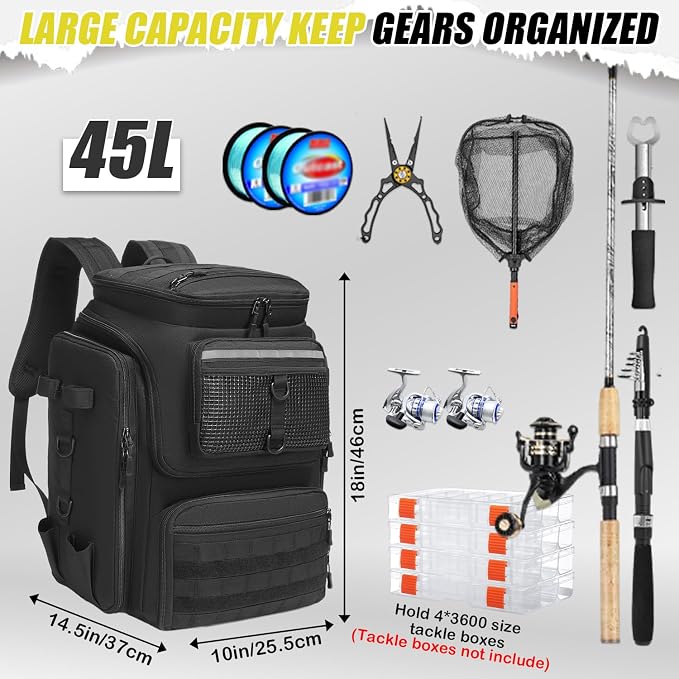 HAMBOLY Fishing Backpack 45L with Rod Holders, Water-Resistant Tackle Backpack for Fishermen, Large Capacity Fishing Gear Bag for Travel Hiking Camping
