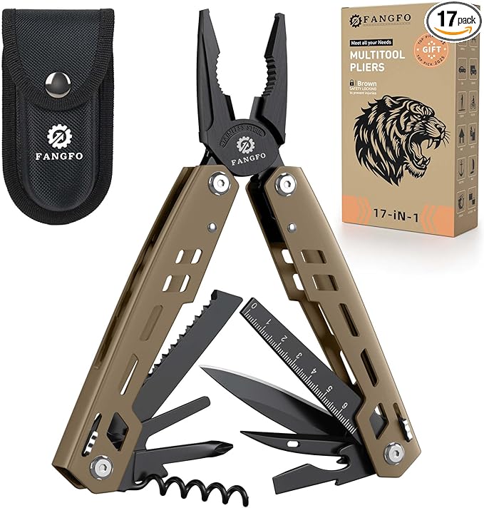 Multitool 17-in-1 Stainless Steel Multi Tool with Pocket Knife Needle Nose Pliers Bottle Opener Screwdriver Self-Locking Professional Multi-Tool for Outdoor Survival Gifts for Men(Brown)
