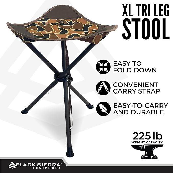 Black Sierra Folding Hunting Stool with Shoulder Strap, Lightweight Collapsible Tripod Seat, Steel Frame Supports 225 lbs, Portable Foldable Chair for Hunting Blind, Fishing, Hiking, Travel