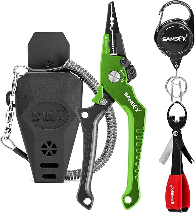 SAMSFX Aluminum Fishing Pliers Hook Remover Braid Line Cutter with Coiled Lanyard, Fly Fishing Knot Tying Tool & Retractors