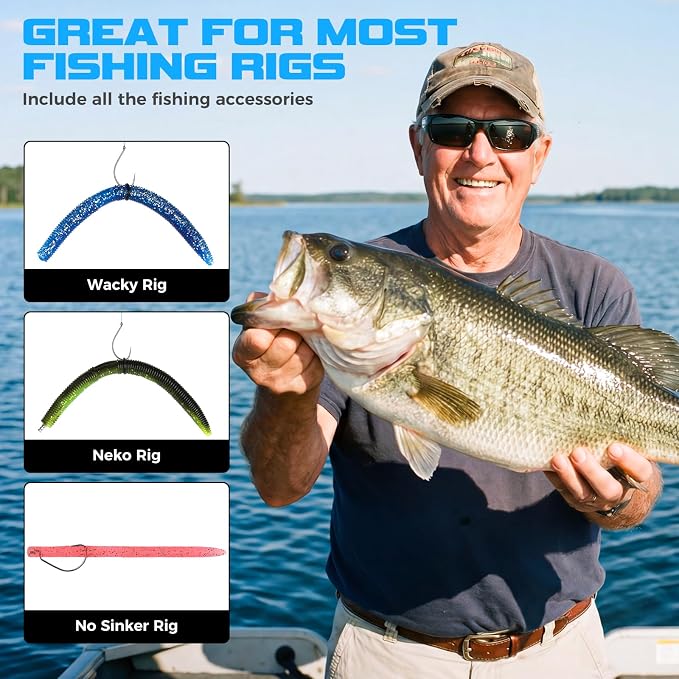 TOPFORT Fishing Lures, Bass Fishing Kit with Wacky Worm, Fishing Worms for Bass Fishing, Soft Plastic Baits with Hooks, Weights, Fishing Accessories, Fishing Gear Fishing Gifts for Men with Tackle Box