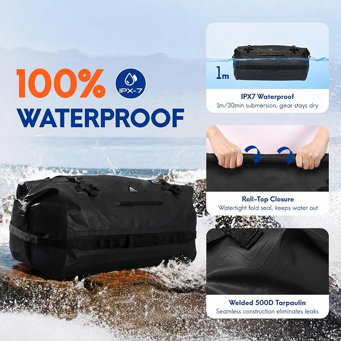 Haimont IPX7 Waterproof Roll-Top Dry Duffel Backpack | 60L/90L Sizes, 500D Tarpaulin, Welded Seams, Mesh Pockets, Boating & Kayaking