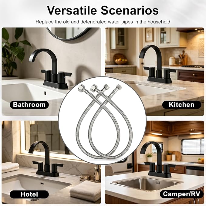 Midanya Faucet Supply Lines,24" Stainless Steel Braided Water Supply Line, 1/2" FIP x 3/8" COMP Faucet Hose, Faucet Hose Connector x 2 Pcs (1 Pair)
