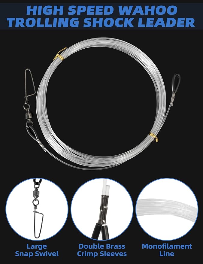 BLUEWING High Speed Wahoo Trolling Shock Leader with 25ft 250lb/300lb/400lb Mono Line and Stainless Steel Large Snap Swivel for Saltwater Fishing