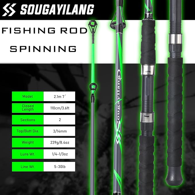 Sougayilang Spinning Rods, Strong Carbon&Glass Composite Fishing Pole with Stainless Steel Line Guides for Catfish- 7'0"