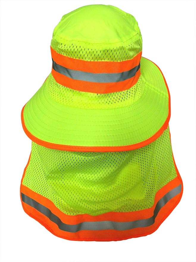 Men High Visibility Reflective Sun Hat with Neck Flap Wide Brim Boonie Hat Bucket Cap