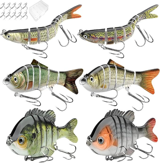 6 Pcs Fishing Lure Set with Durable Hard Plastic Tackle Box | Bass Trout Saltwater Freshwater Fishing Lures | Slow Sinking Lifelike Jointed Swimbait for Beginner & Pro Anglers