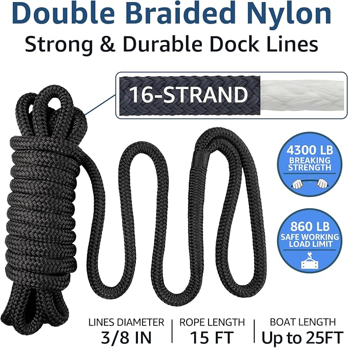 2 Pack 3/8" x 15' Dock Lines - Marine Grade Nylon Boat Rope with 12" Loop for Docking and Mooring - Double Braided Boat Lines, High Strength, Easy Handling, Fray Resistant - Black