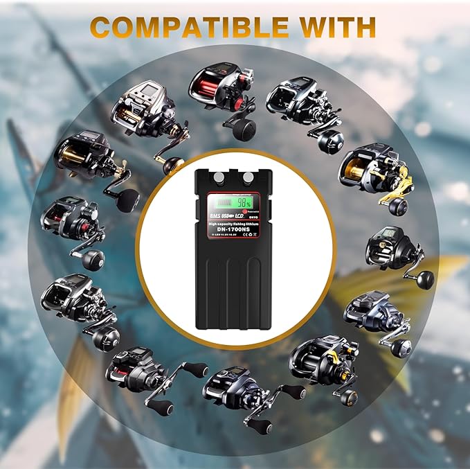 Electric Fishing Reel Battery. 14.8V/14Ah/9600mAh Reel Battery. Built-in Protection chip. Comes with Two USB Ports, Protective case and Shoulder Strap. Compatible with Daiwa & Shimano Electric reels.