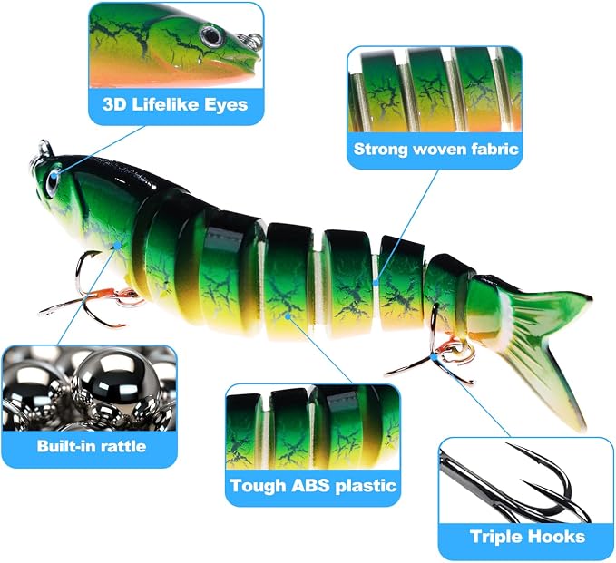 Bass Fishing Lures, Jointed Swimbait Glide Bait for Bass, Trout & Pike – Lifelike Fishing Lure with 3D Eyes, Built-in Rattle Chamber, Triple Hook – Realistic Fishing Lures for Freshwater & Saltwater