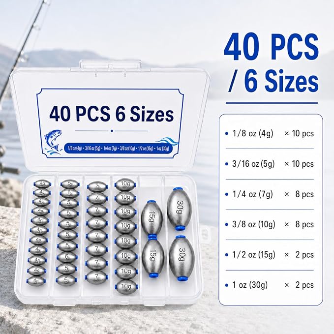 Egg Sinkers Fishing Weights Kit, 40/62pcs 6/7 Sizes Egg Sinker Assortment 1/8-1 oz, Slip Sinkers for Saltwater Freshwater Bass Catfish Fishing, Smooth Bore Lead Sinkers Weights with Tackle Box