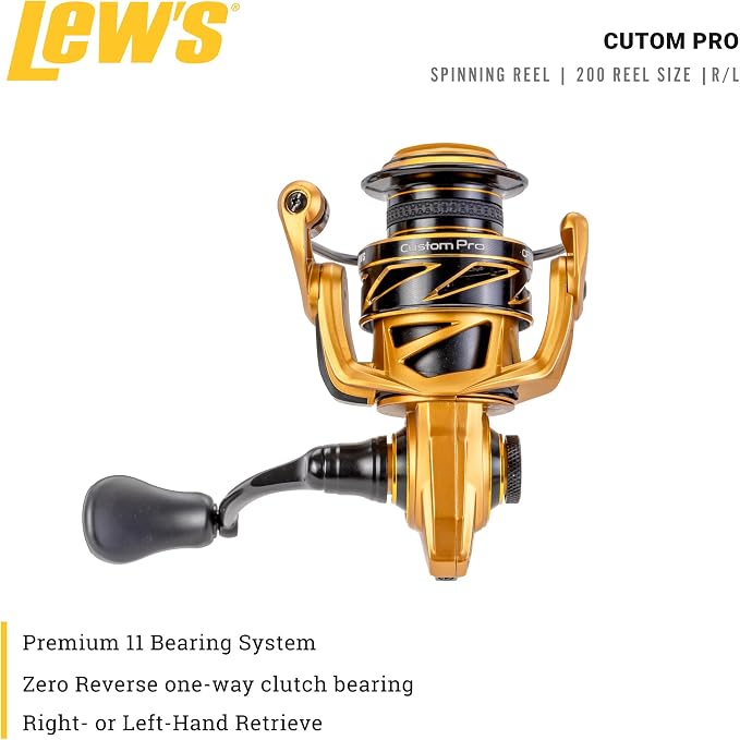 Lew’s Custom Pro 200 Spinning Reel, Size 200 Reel, 10+1 Bearings, 6.2:1 Gear Ratio, Aluminum Frame and Sideplate, Aluminum Speed Gears