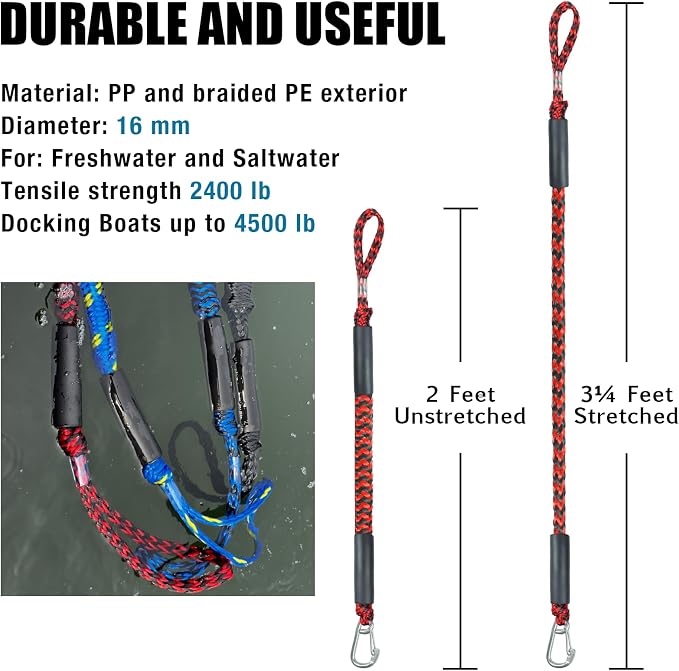 2FT Bungee Dock Line Boat Accessories 2pcs Fender Lines with 316 Stainless Clip for Boat Bumper/Boat Fender for Mooring for Jet Ski, Seadoo, Yamaha (Red+Black, 2Feet)