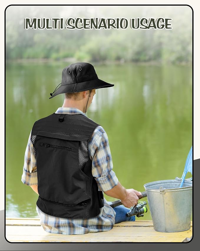 Shihanee 2 Pcs Men's Fishing Vest Sun Hat Multi Pocket Safari Vest for Outdoor Hiking Summer Travel