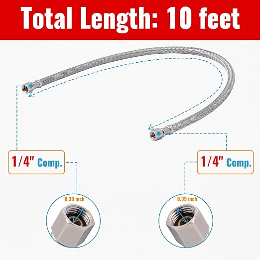 SUNGATOR 10 Feet Refrigerator Water Line, 1/4" Comp X 1/4" Comp Ice Maker Hose, 10 Feet Stainless Steel Braided Ice Maker Water Supply Line with A Wrench and Sealing Tape (1 Pack)