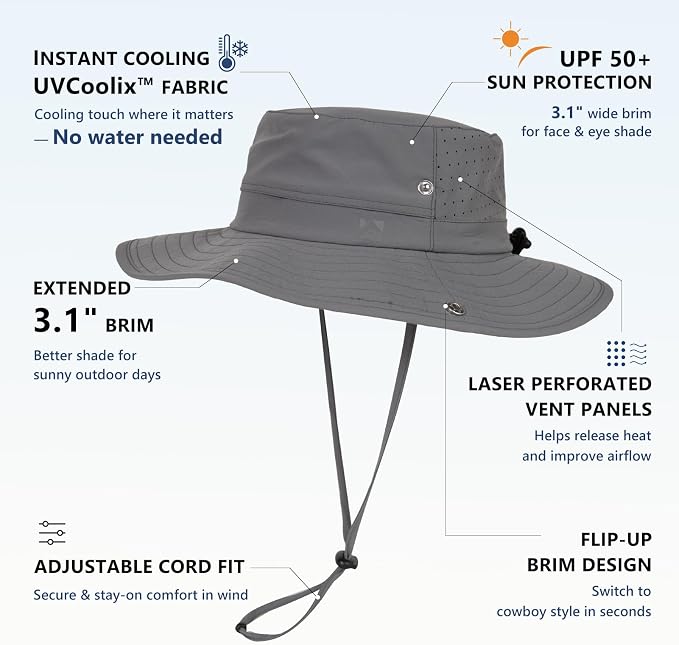 TOP-EX UVCoolix™ Cooling Sun Hat for Men Women UPF 50 Wide Brim Bucket Hat for Hiking, Fishing & Big Head - Cools Up 2 Hours