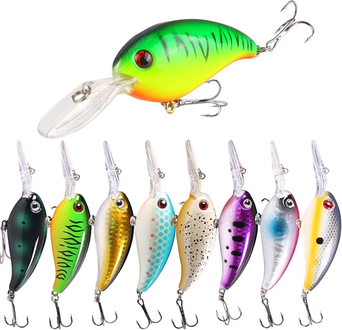 Crankbait Lures Kit, 8-Pack Lifelike Hard Swimbaits with Diving Lip for Bass Fishing, Assorted Colors, Freshwater Saltwater Fishing Gear for Bass, Trout, Pike