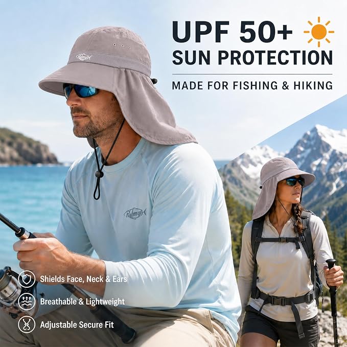 Palmyth Fishing Hat UPF 50+ Sun Hat Wide Brim Neck Flap Breathable Mesh Safari Hat UV Protection for Men Women
