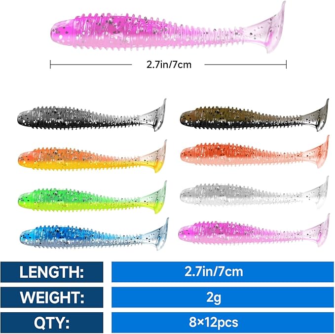 Soft Fishing Lures(96 Pcs), 2.7" Paddle Tail Swimbaits Soft Plastic Lures, Unique Vibrating Swim Action for Trout Crappie Walleye Sea Bass(96 Pcs, 8 Colors)
