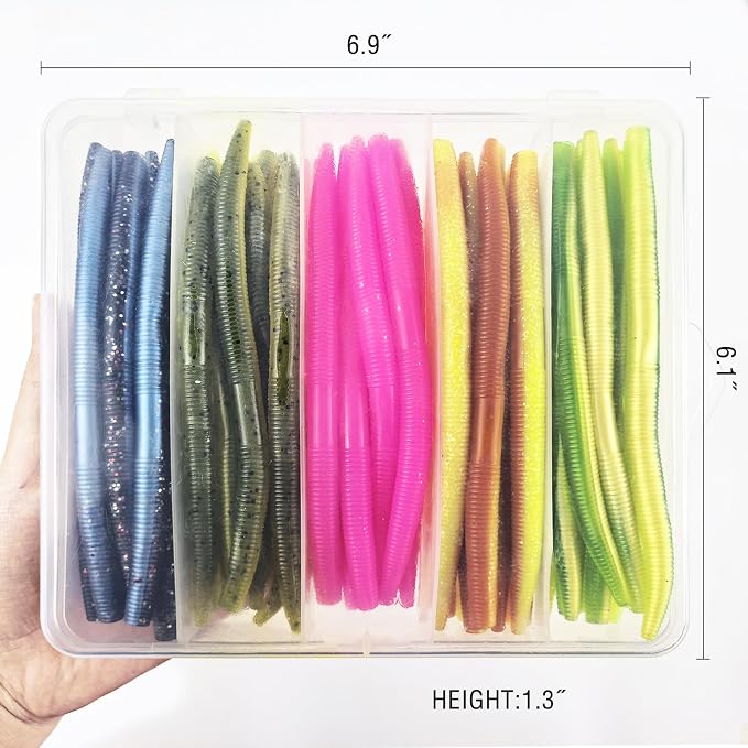 50Pcs Finesse Worms Soft Lures Worm Stick Bait Color Mixed Fishing Lure 5.5in/0.28oz