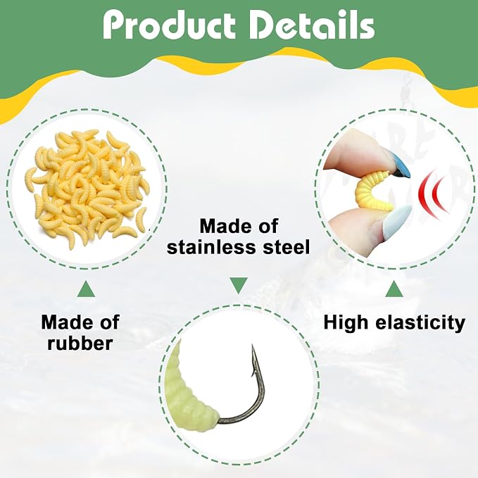 50PCS Bluegill Hooks Fishing Worms – 30PCS 22mm Soft Rubber Worms & 20PCS Maggot Bait for Bass, Panfish, and Trout, Bluegill Lures for Freshwater Fishing with Natural Nlbn Action
