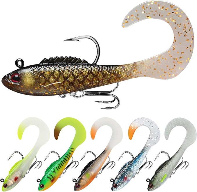 TRUSCEND Shadtale Easy Catch Soft Fishing Lures with BKK Hooks - Trembly Sinking and Vibrating Swim for More Bites, Pre-Rigged Swimbaits for Bass, Trout, Crappie, Walleye, Freshwater Saltwater Fishing