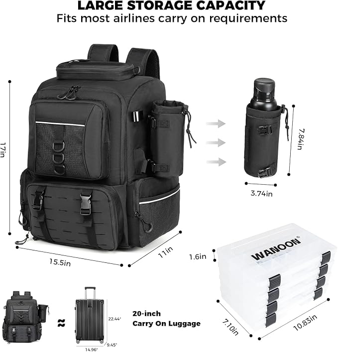 WANOON Fishing Backpack 45L with 4 Tackle Boxes, Durable & Comfortable Fishing Bag,Waterproof Insulated Bait Pocket & 4 Rod Holders
