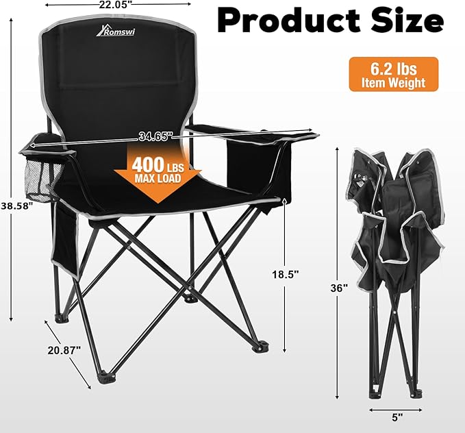 Romswi Lightweight 2Pcs Camping Chairs for Adults 400LBS Capacity, Folding Lawn Chair with 4-Can Cooler Bag, Cup Holder,Collapsible Portable Outdoor Chair for Tailgating, Beach, Fishing,Black