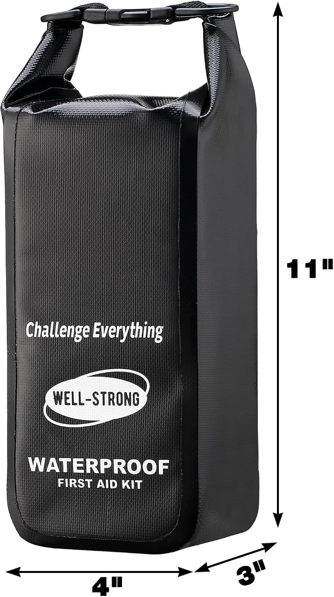 Boat First Aid Kit Waterproof, WELL-STRONG Marine Emergency Kit with Roll Top Dry Bag for Boating Fishing Kayaking – Water-Resistant Contents for Camping & Beach（Black）