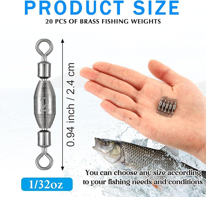 Seenelling 20 Pcs Brass Fishing Sinker Swivel Fishing Weights Saltwater Bullet Sinkers Drop Shot Weight Egg Sinkers with Swivel Rolling Removable Freshwater