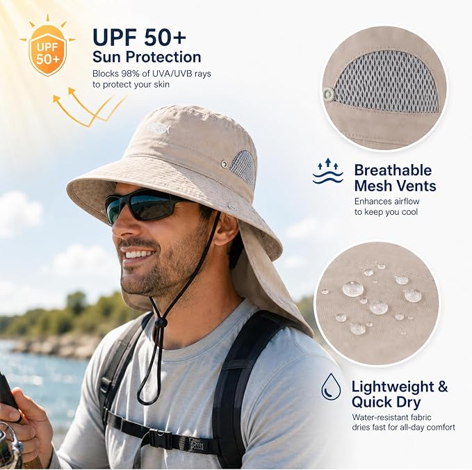 Palmyth Fishing Hat with Detachable Neck Flap UPF 50+ Sun Hats for Men, Breathable Mesh UV Protection for Fishing Hiking