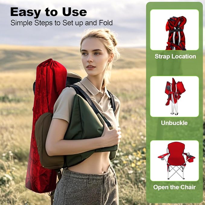 VTOY Folding Camping Chairs Durable 600D Oxford, Portable Outdoor Chair with Cooler Pouch, Cup Holder & Storage Pocket for Camping, Beach, Fishing