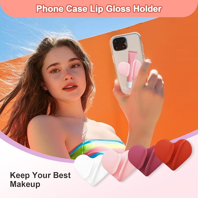 Lip Gloss Holder Phone Case,2026 New Model, Heart Shaped Gloss Bracket,Protective Lip Gloss Case with Adhesive Holder for Most Phone Models (Rose Pink)