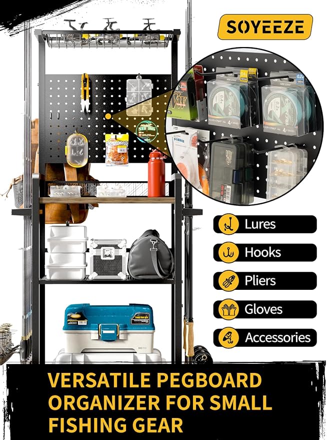 SOYEEZE Fishing Rod Holders for Garage,Fishing Gear Holder for Fishing Rod Tackle Box Storage，Fishing Pole Holders for 12 Rods with Hooks and Pegboard,Fishing Cart with Reel Rack, Standard Size