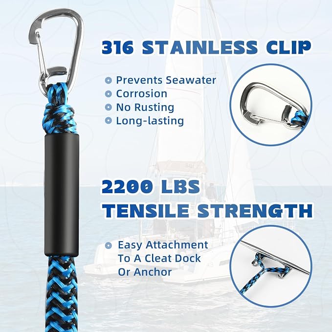 Bungee Dock Line with Stainless Steel Clip – Boat Dock Rope with Foam Float for Kayak, Canoe, Pontoon, Watercraft, SeaDoo, Docking – 4–5.5 ft, 2 Pack（Blue&Black）