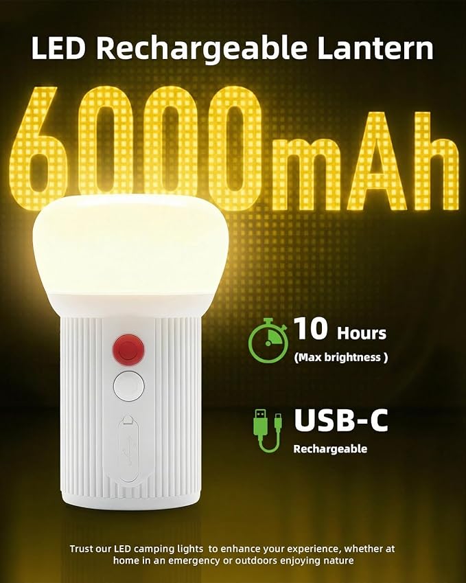 LED Rechargeable Camping Lantern with Hook - 6000mAh Emergency Outdoor Camping Lights, IPX5 Water Resistant Portable Tent Lights for Camping Hiking, Backpacking, Fishing, Outages (White)