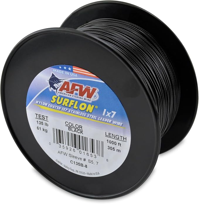 American Fishing Wire Surflon Nylon Coated 1x7 Stainless Steel Wire Leader - Wire Fishing Leader Line for Saltwater 10lb Up To 250lb Test in Bright, Black, Camo in 30ft, 100ft, 300ft, & 1000ft Lengths