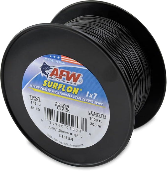 American Fishing Wire Surflon Nylon Coated 1x7 Stainless Steel Wire Leader - Wire Fishing Leader Line for Saltwater 10lb Up To 250lb Test in Bright, Black, Camo in 30ft, 100ft, 300ft, & 1000ft Lengths