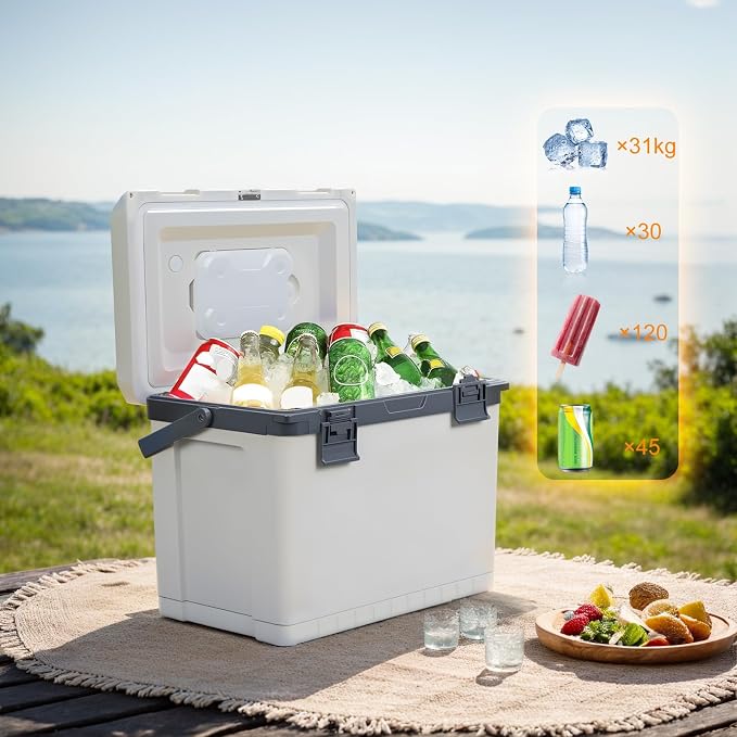 Ultra-Light 30 Quart Hard Cooler Insulated Portable Ice Chest Box for Drink, Beverage, Beach, Camping, Picnic, Fishing, Boat, Barbecue, 30% Lighter Than Rotomolded Coolers Keeps Ice for 3+ Days