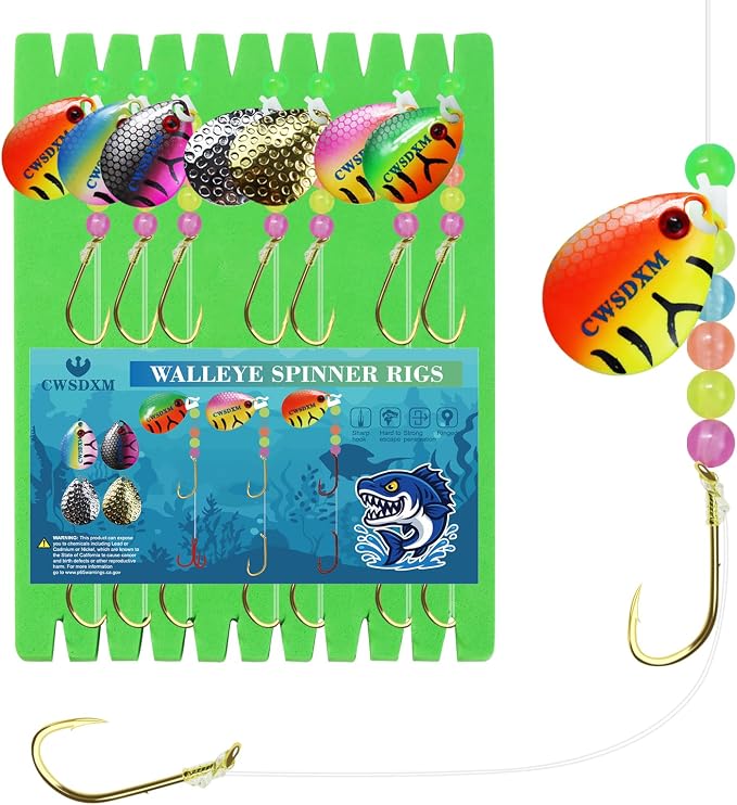 Walleye Rigs Kit, 41.5LB Spinner Rig Crawler Harness with Large Colorado Blades, 7PCS Pre-Rigged for Walleye & Perch Fishing, Worm Rig