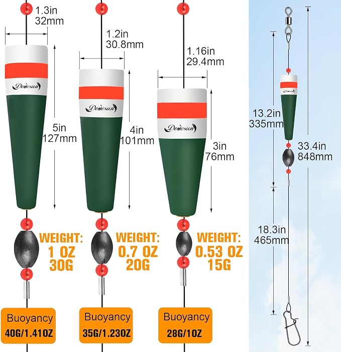 Dovesun Popping Cork Float Rig Weighted Fishing Bobbers Floats Fishing Corks Popping Corks for Saltwater Freshwater Fishing Tackle with 3 Size