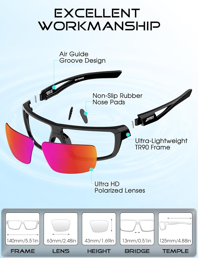 ATTCL Polarized Sunglasses Men Sports: UV Protection Lightweight TR90 Frame Anti-Slip Wrap-Around for Driving Fishing Golf