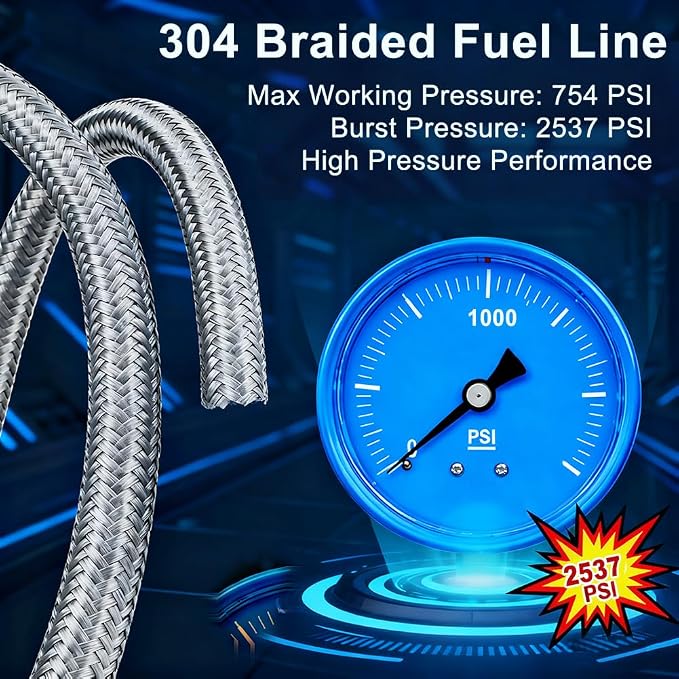 16AN Stainless Steel Braided Fuel Line Hose - 754 PSI Working Pressure & 2537 PSI Burst Compatible with Oil, Fuel, Transmission Cooler, Hydraulic Lines - 10ft Length