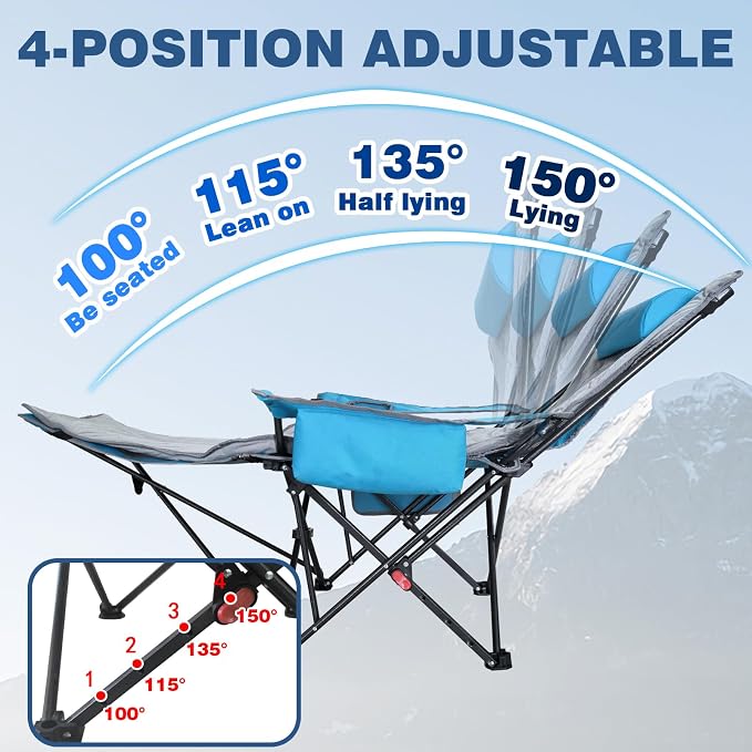 Reclining Camping Chair 4 Position with Foot Rest Comfortable for Adults 265Ibs Folding Lounger Mesh Beach Chair with Cooler Bag,Cotton Cushion and Cup Holder for Outdoor Patio