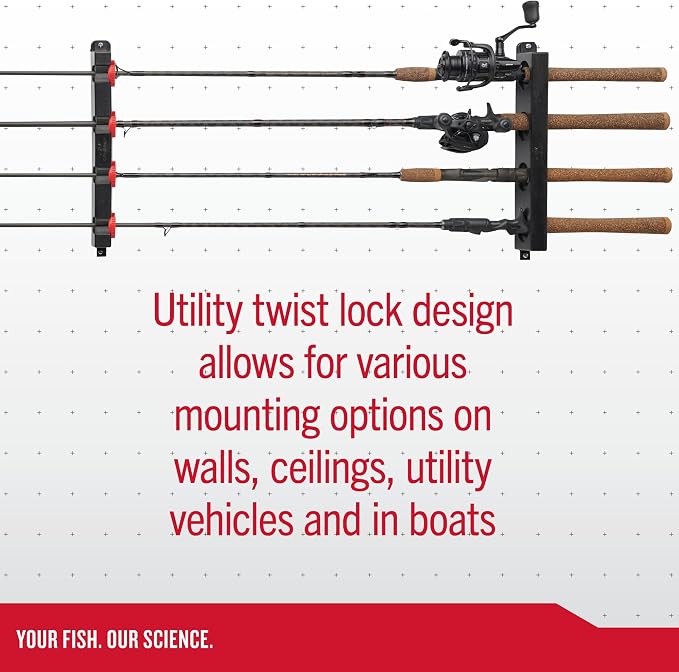 Berkley Twist Lock Fishing Rod Rack, Stores 4 Rods, Black, Soft Foam Grip Pads Protect Rod Finishes, Durable Construction, Easy to Mount with Common Tools