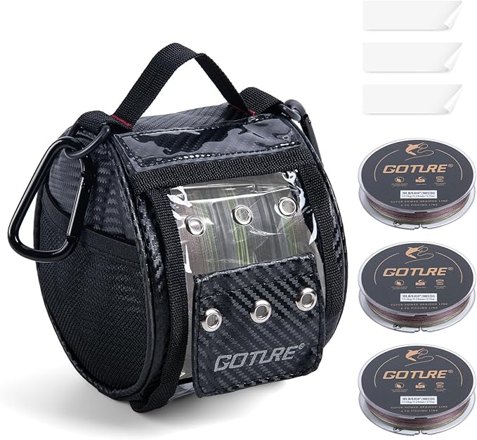 Goture 3/6 Outlet Holes Fishing Line Storage Bag, 2 Sizes Clear View Window Fishing Line Case, Removable Divider Fishing Line Organizer, Water-Resistant Surface, Tangle-Free Leader Line Spool Bag