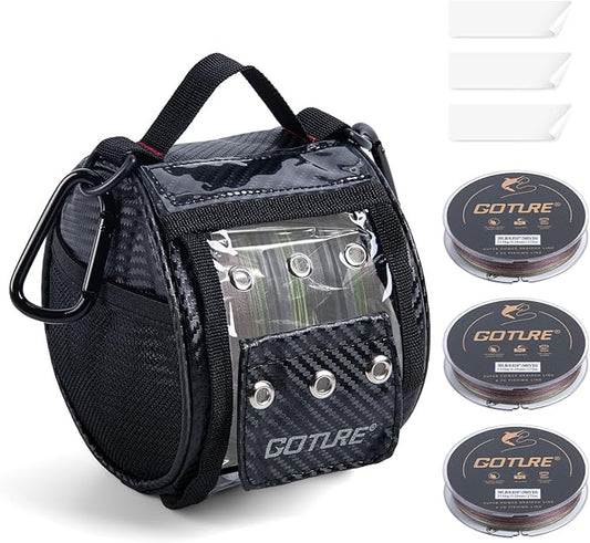 Goture 3/6 Outlet Holes Fishing Line Storage Bag, 2 Sizes Clear View Window Fishing Line Case, Removable Divider Fishing Line Organizer, Water-Resistant Surface, Tangle-Free Leader Line Spool Bag