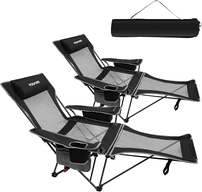 2-Pack Reclining Camping Chair 4 Position with Foot Rest Comfortable for Adults 265Ibs Folding Lounger Mesh Beach Chair with Cooler Bag and Cup Holder for Outdoor Patio