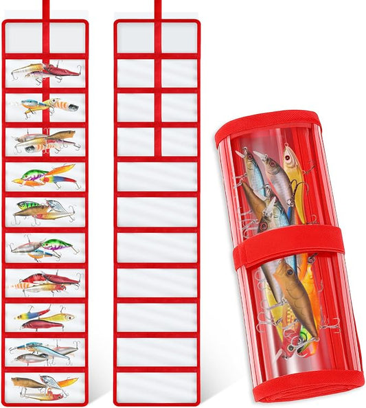 Soulchen 2 Pcs Roll up Fishing Lure Wraps Lure Covers Set 10 Pocket Fishing Hook Covers Clear PVC Bait Bag Tackle Storage Bags & Wraps Easily See Lures Storage Organizer Protector(Red)